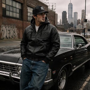Black Avirex Hooded Leather Jacket Men Vintage Cafe Racer Oversized Bomber Cowhide Motorcycle  Streetwear Coat personalized gift for him