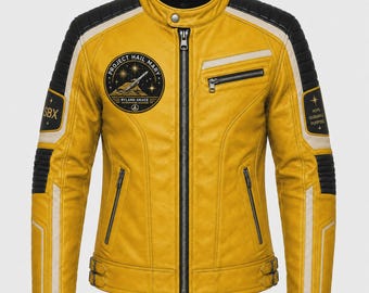 Personalized Gift for him, mens leather jacket, custom Jacket, Yellow Leather Biker Jacket, custom patch, quilted jacket, Gift for him