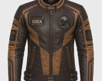 Brown Leather Biker Jacket Men Cyberpunk Mask Jacket Quilted Motorcycle Style Cowhide Leather Jacket Gift For Him