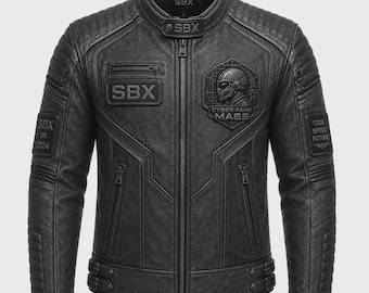 Leather Jacket Men Cafe Racer Jacket Vintage Leather Jacket Grey Leather Biker Jacket Cyberpunk Helmet Personalized Gift