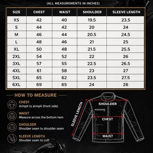 May include: A black and white size chart for a biker leather jacket by SBX. The chart lists chest, waist, shoulder, and sleeve length measurements in inches for sizes XS through 6XL. It includes a diagram showing how to measure the jacket.