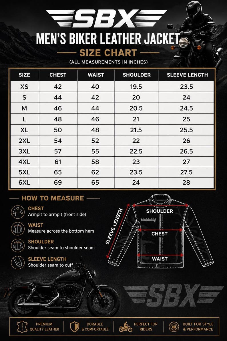 May include: A black and white size chart for a biker leather jacket by SBX. The chart lists chest, waist, shoulder, and sleeve length measurements in inches for sizes XS through 6XL. It includes a diagram showing how to measure the jacket.