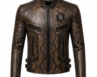 Men's Leather Jacket, Snake Skin Biker Jacket, Motorcycle Jacket, Black Brown Leather Coat, Vintage Moto Jacket, Gift For Him
