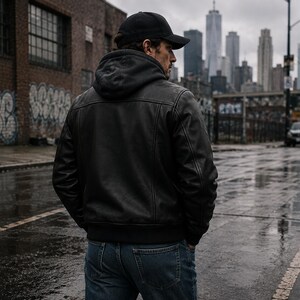 Black Avirex Hooded Leather Jacket Men Vintage Cafe Racer Oversized Bomber Cowhide Motorcycle  Streetwear Coat personalized gift for him