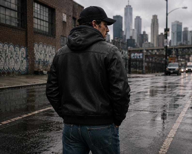 Black Avirex Hooded Leather Jacket Men Vintage Cafe Racer Oversized Bomber Cowhide Motorcycle  Streetwear Coat personalized gift for him