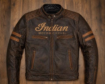 Indian Motorcycle Jacket Men, Full Grain Leather Cafe Racer Jacket, Vintage Motorcycle Jacket,Mens Leather Biker Gift For Him