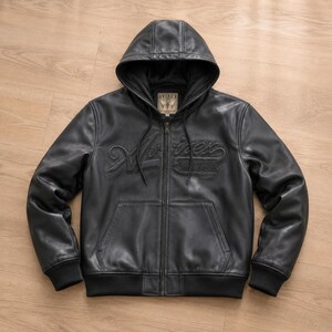 Black Avirex Hooded Leather Jacket Men Vintage Cafe Racer Oversized Bomber Cowhide Motorcycle  Streetwear Coat personalized gift for him