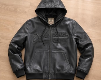 Black Avirex Hooded Leather Jacket Men Vintage Cafe Racer Oversized Bomber Cowhide Motorcycle  Streetwear Coat personalized gift for him