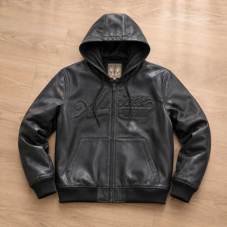 Black Avirex Hooded Leather Jacket Men Vintage Cafe Racer Oversized Bomber Cowhide Motorcycle  Streetwear Coat personalized gift for him