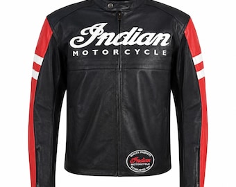 Indian Motorcycle Jacket Men, Black Red Leather Biker Jacket, Cafe Racer Racing Jacket, Motorcycle Gift for Him