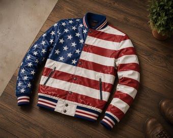 American Flag Bomber Jacket, 4th Of July Jacket, Patriotic Leather Jacket Men, USA Flag Varsity Jacket, Vintage Leather Bomber Gift for him