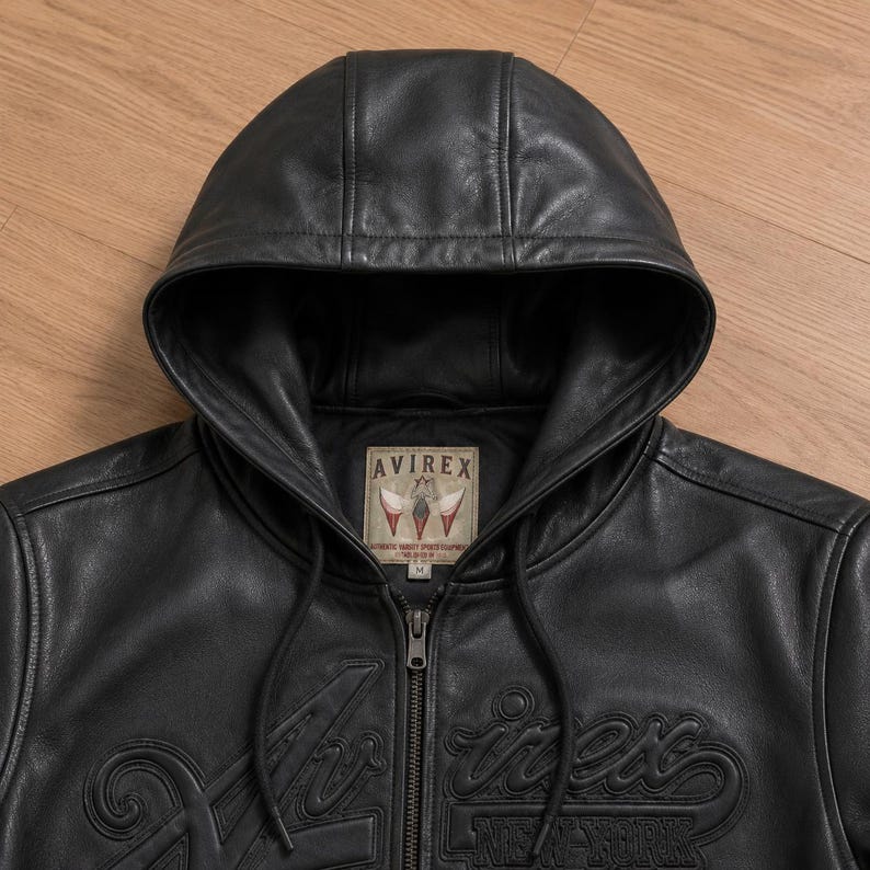 Black Avirex Hooded Leather Jacket Men Vintage Cafe Racer Oversized Bomber Cowhide Motorcycle  Streetwear Coat personalized gift for him