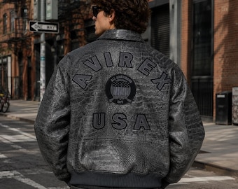 Avirex Crocodile Texture Leather Jacket Men's Leather Bomber Jacket Distressed Pilot Aviator Jacket Handmade Gift for Him