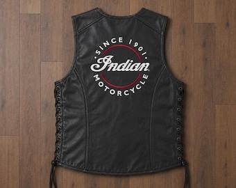 Women's Black Genuine Leather Biker Vest, Indian Motorcycle Style Riding Vest,Vintage Embossed Leather Vest,Gift for her
