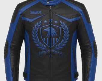 Racing Jacket, Leather jacket men, Ryland Grace Jacket, Blue & Black Leather Biker Jacket, Patriotic Wreath, Graduation gift