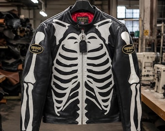 Vanson Jackor, Skelett Läderjacka, Motorcykeljacka, Racingjacka, Cafe Racer Bikerjacka, Herr Kohud Läder, Present till Honom