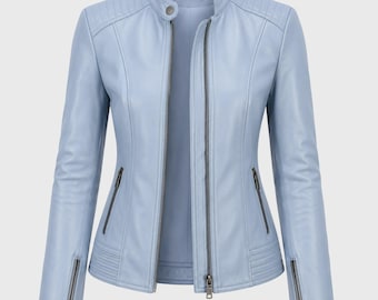 Women’s Light Blue Leather Jacket Slim Fit Cafe Racer Biker Motorcycle Jacket Stylish Casual Streetwear Coat,Bomber jacket ,hand made jacket