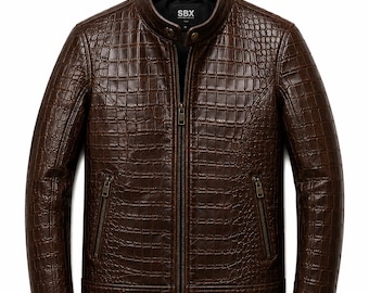 Men's Crocodile Leather Jacket, Brown Biker Motorcycle Jacket, Cafe Racer Vintage Leather Coat, Luxury Gift For Him