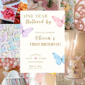 May include: A collage of party decorations for a first birthday celebration. The image includes a two-tiered cake, cupcakes, cookies, balloons, and a sign that reads "One Year Fluttered By" and "Olivia's First Birthday!"