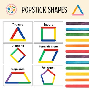 Puede incluir: Una ficha educativa titulada POPSTICK SHAPES que muestra seis formas geométricas construidas con palitos de manualidades de colores: triángulo, cuadrado, rombo, paralelogramo, trapecio y pentágono. A la derecha hay una columna de palitos sueltos.