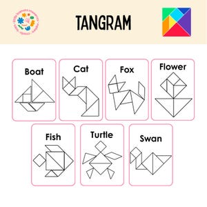 Może przedstawiać: Arkusz edukacyjny Tangram zawierający siedem czarno-białych geometrycznych łamigłówek oznaczonych jako Boat, Cat, Fox, Flower, Fish, Turtle i Swan. Na górze znajduje się słowo Tangram oraz kolorowa kwadratowa ikona z logo w lewym górnym rogu.