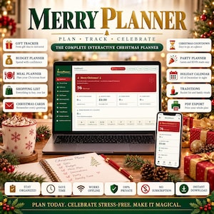 Op de afbeelding: Een digitale kerstplanner genaamd Merry Planner op een laptop- en smartphonescherm. De interface toont een rood-wit dashboard met een cadeautracker, budgetplanner, maaltijdplanner en vakantiekalender. Een notitieboek met een rode pen ligt ernaast.