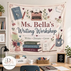 May include: A cream-colored fabric wall hanging featuring the text Ms. Bella's Writing Workshop and Write Dream Grow. The design includes a pink typewriter, a blue notebook, a notepad, a stack of three books, a mug with pens, and floral accents.