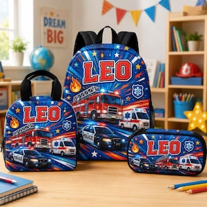 May include: A blue backpack, lunch bag, and pencil case set featuring a red fire truck, police car, and ambulance graphic. Each item displays the name LEO in bold red letters with yellow flames, white stars, and blue emergency service emblems.