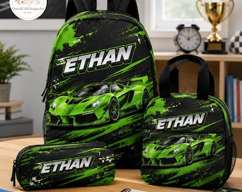 Custom Race Car Backpack Set, Race Car School Bag, Personalized Lunchbox, Pencil Case Bundle, Gift for Boy