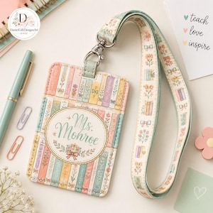 Custom Teacher Lanyard, Book Lover Bookmark, Floral ID Badge, Library Bookstack Lanyard, Gift for Teacher