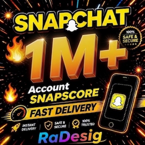 Puede incluir: Gráfico promocional para los servicios de Snapchat. El diseño presenta el logotipo de Snapchat, el texto "SNAPCHAT" en amarillo y "1M+" en grandes números dorados. El texto adicional incluye "Account SNAPSCORE" y "FAST DELIVERY."