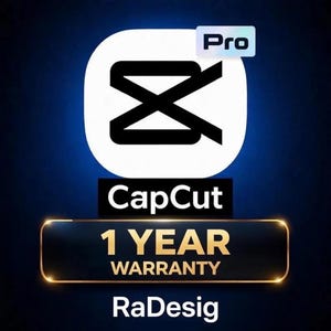 Op de afbeelding: Een digitale afbeelding met het CapCut-logo, een witte vorm met zwarte kruisende lijnen en het woord "Pro" in een wit vak. Daaronder staat de tekst "CapCut" en een zwart rechthoek met gouden rand met "1 JAAR GARANTIE". De afbeelding staat op een donkerblauwe achtergrond.