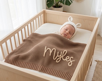 Custom Baby Blanket, Organic Cotton Knit with Hand Embroidered Name, Personalized Newborn Gift