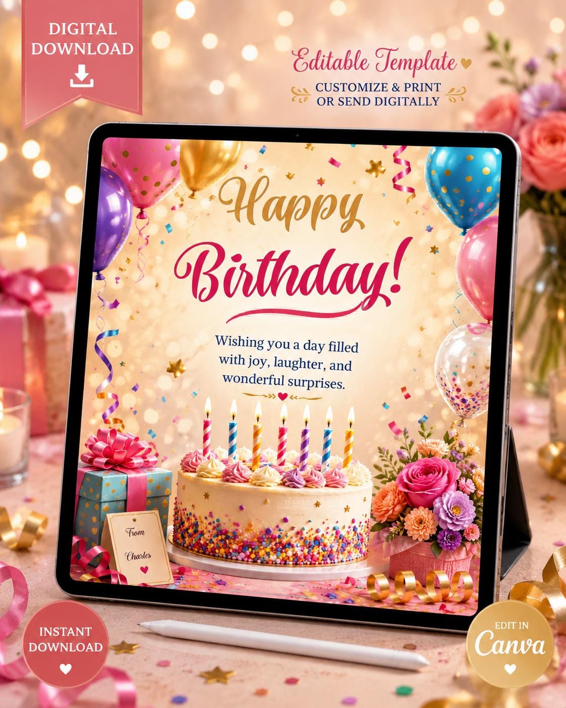Editable Happy Birthday Card Canva Template, Printable Birthday