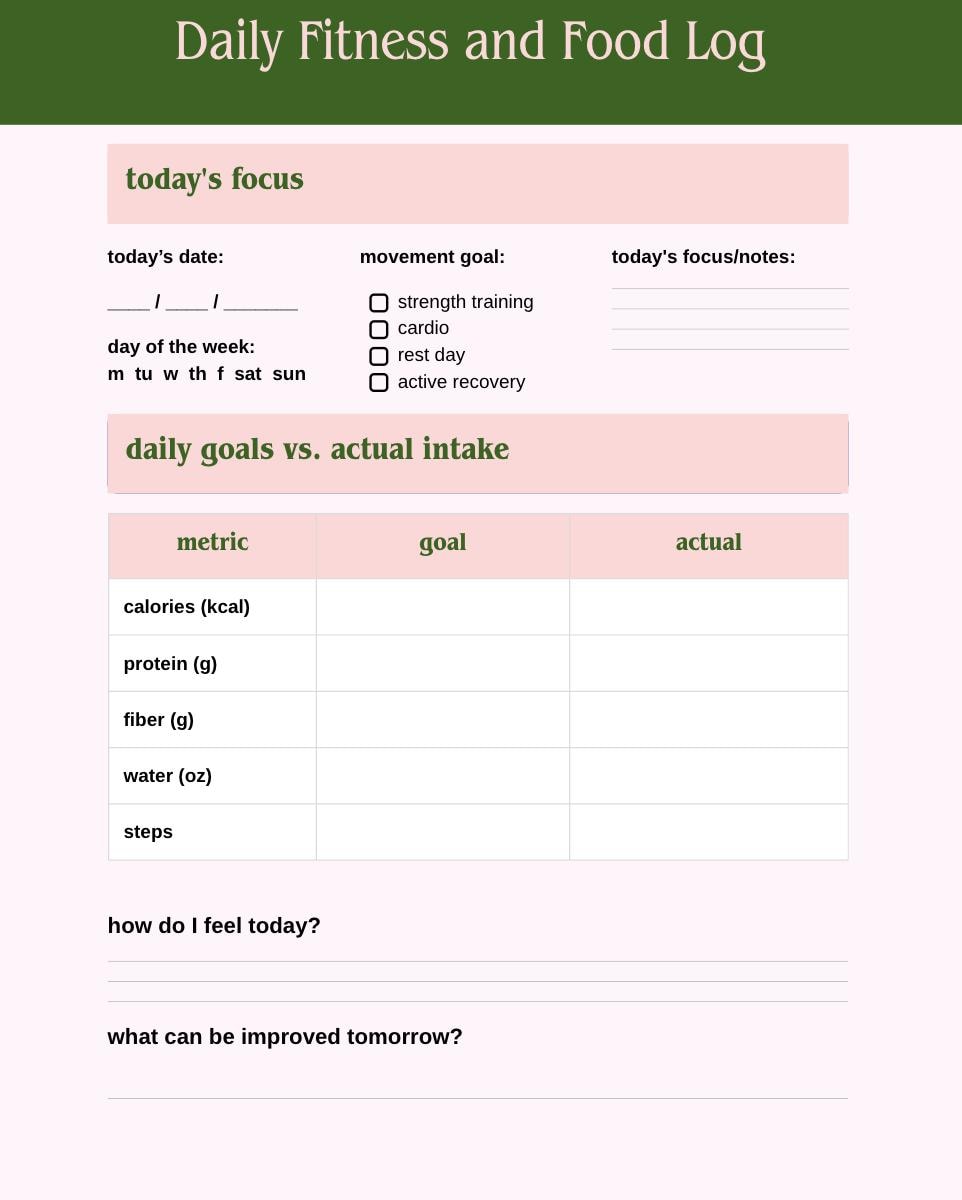 Daily Fitness & Food Log Tracker Printable Wellness Planner Protein, Calories, Water and Step Tracker Weight Loss Journal PDF