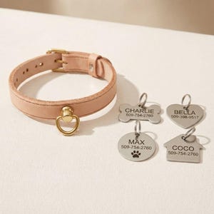 May include: A light tan leather collar with a gold-toned metal buckle and D-ring, accompanied by four silver-toned metal pet tags in bone, heart, circle, and house shapes, each engraved with a name and phone number: Charlie, Bella, Max, and Coco.