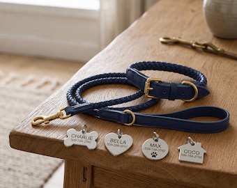Personalized Dog Collar and Leash Set, Braided Leather Pet Collar with Custom Name Phone Tag, Adjustable Soft Puppy Walking Lead