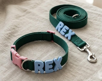 Personalized Dog Collar with Leash Set, Custom Name Dog Collar Leash, Custom colorful Pet Collar, Soft Pet Collar, Adjustable Puppy Collar