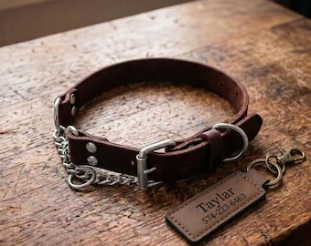 Collare per cani Martingale in pelle, con nome identificativo personalizzato inciso, catena in acciaio inossidabile, collare da addestramento/passeggiata regolabile antiscivolo e antistrappo.