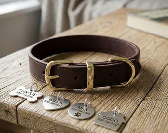 Personalized Leather Dog Collar Custom Engraved Nameplate Pet Collar Luxury Genuine Leather Dog Collars Heavy Duty Hardware XS S  M L