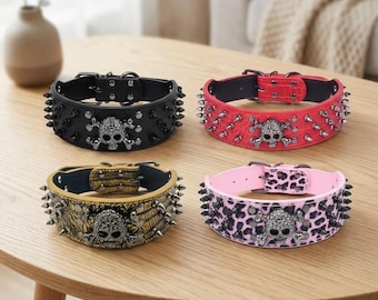 Spiked Skull Leather Dog Collar Custom Pet Photo Keychain Anti Bite Pitbull Bully
