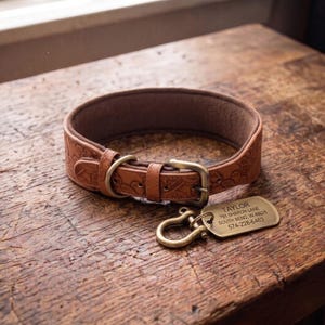 Può includere: Un collare per cani in pelle marrone con un design floreale in rilievo e una fibbia in ottone. Include un'etichetta in ottone abbinata con il nome "Taylor" e le informazioni di contatto.