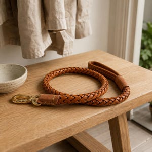 May include: A tan braided leather dog leash featuring a polished gold-tone metal swivel snap hook at one end and a matching leather loop handle at the other, with visible stitching details securing the hardware to the braided leather cord.