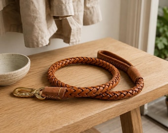 Personalized 8-Strand Braided Leather Dog Leash with Name Tag, Full Grain Leather Lead, Locking Swivel Clip, Handmade Pet Gift