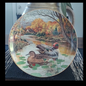 May include: A round decorative ceramic plate featuring a detailed illustration of two ducks swimming in a pond surrounded by lily pads. The background depicts a landscape with autumn trees and a small house. The name Jerner is printed on the plate.