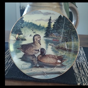 May include: Decorative plate featuring a serene lake scene with two ducks, a small cabin, and a red canoe. The plate has a gold rim and the artist's name, JERNER, is visible. The ducks are brown and white.