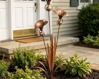 Pure Copper Calla Lily Garden Stake, Solid Copper Yard Art, Triple Bloom Metal Flower Sculpture, Outdoor Garden Decor, Gardening Gift