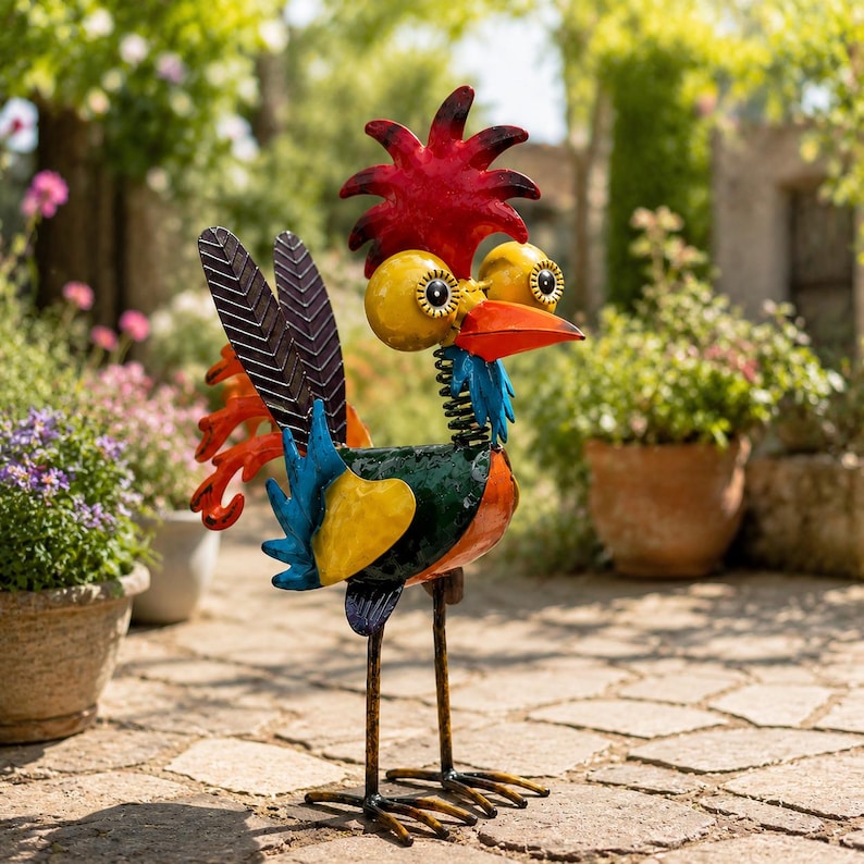 Garden Roster Custom Garden Rooster Statue Sculpture – Colorful Metal Rooster ...