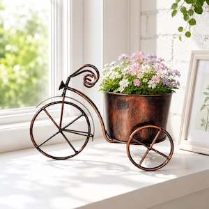 May include: A decorative metal tricycle planter with a copper finish. The planter holds a variety of colorful flowers. The tricycle has a large front wheel and a smaller wheel on each side of the planter.