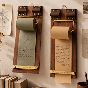 May include: Two wooden memo boards with paper rolls. One has green paper and the text "WRITE • THINK • CREATE". The other has tan paper and the text "PLAN • NOTE • INSPIRE". Both have brass hardware.